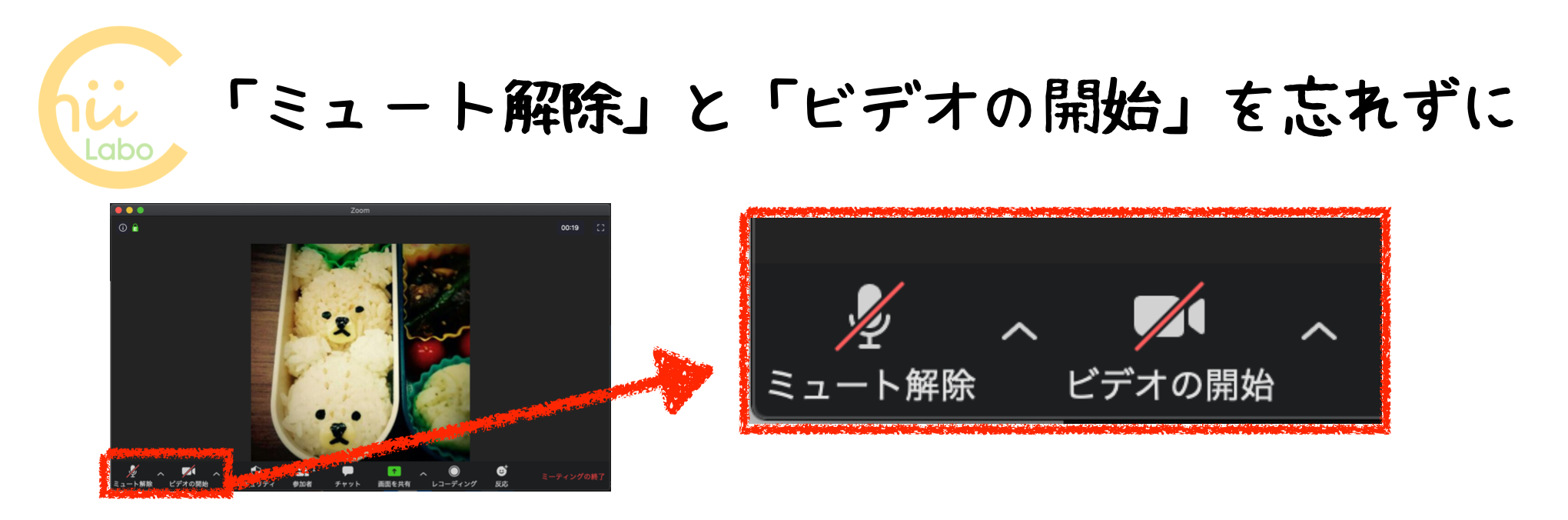「ミュート解除」と「ビデオの開始」を忘れずに
