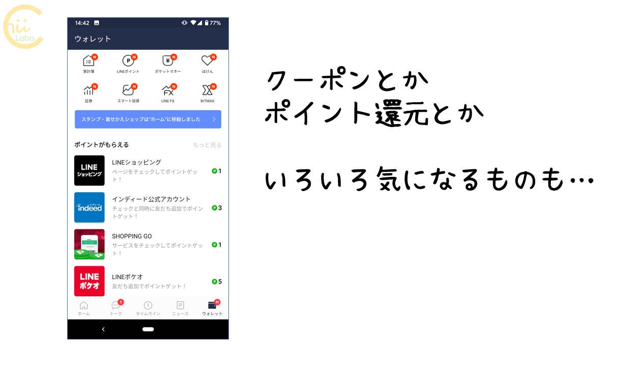LINEのウォレット画面（LINEのクーポンやポイント）