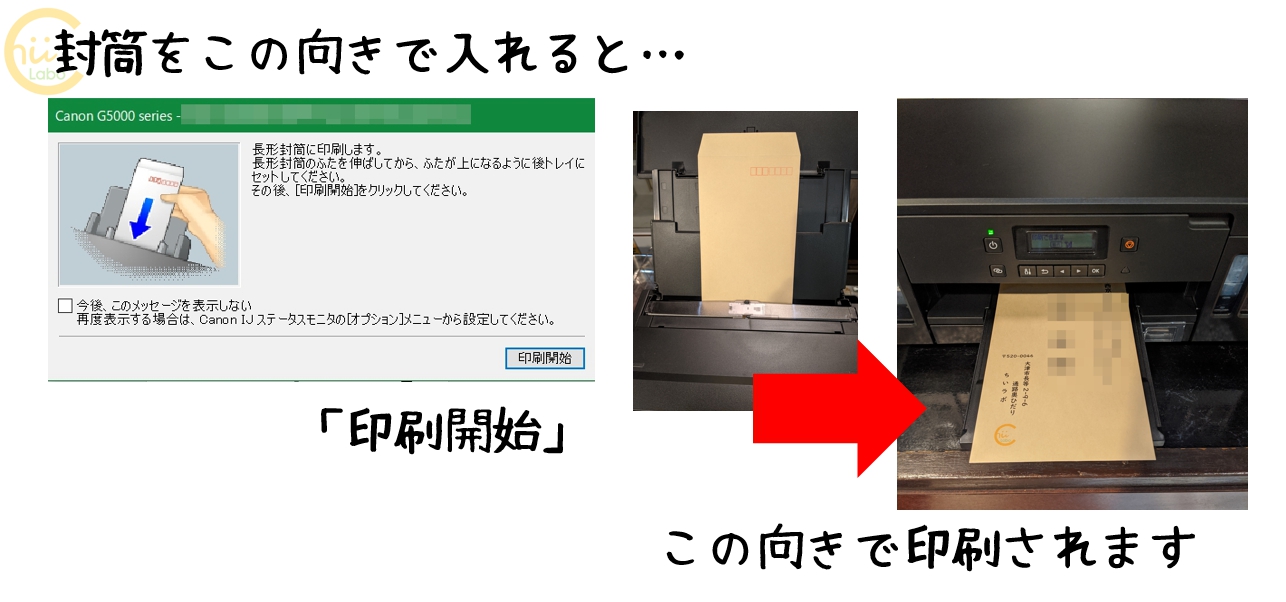 封筒を入れる向きと印刷結果