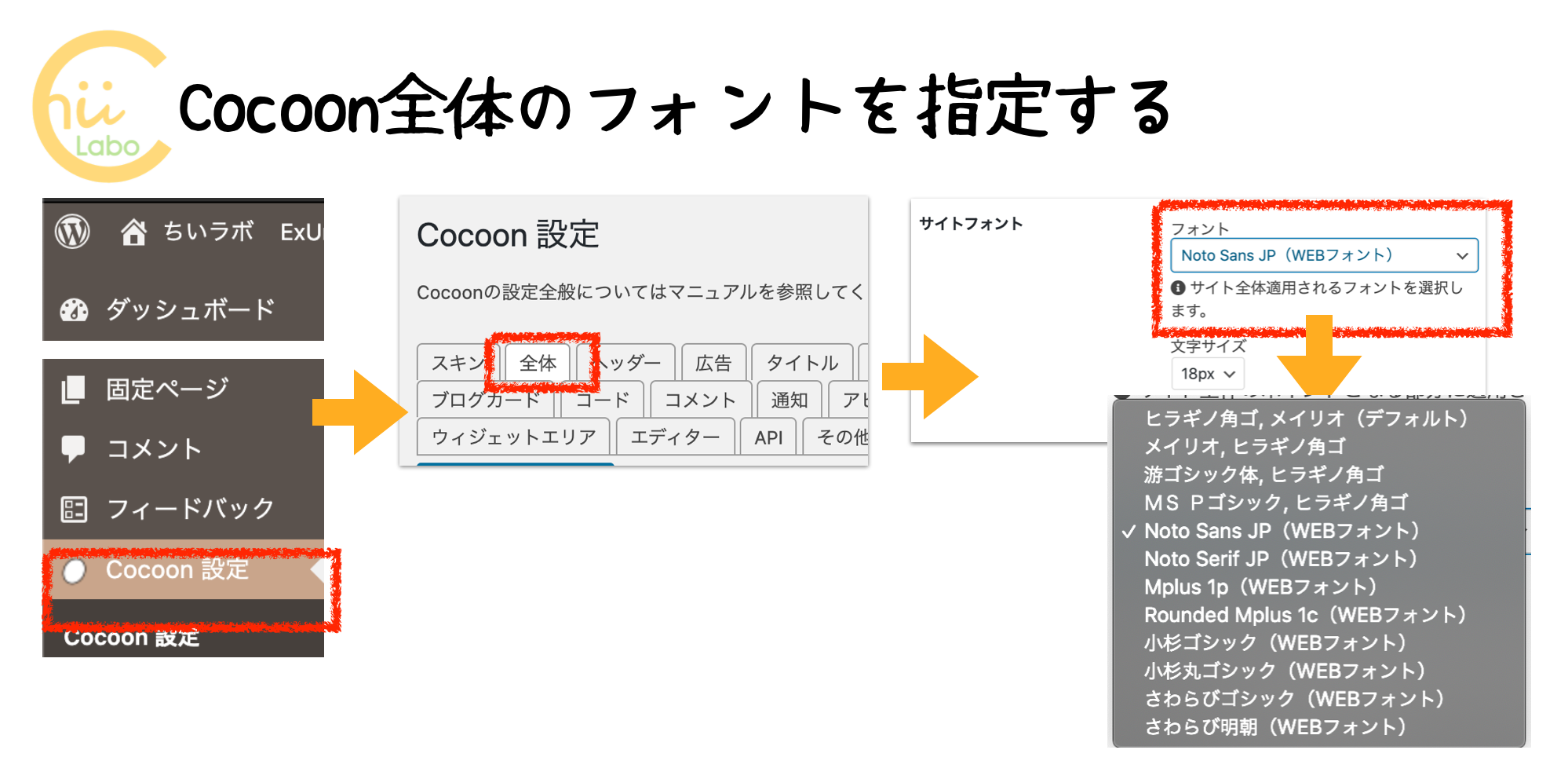 テーマ（Cocoon）全体（本文）のフォント