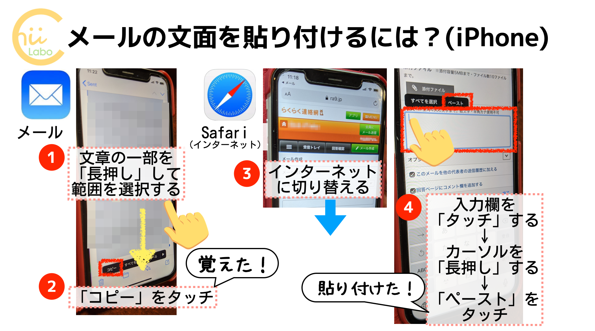 iPhoneでメールの文章をインターネットのフォームに移す場合