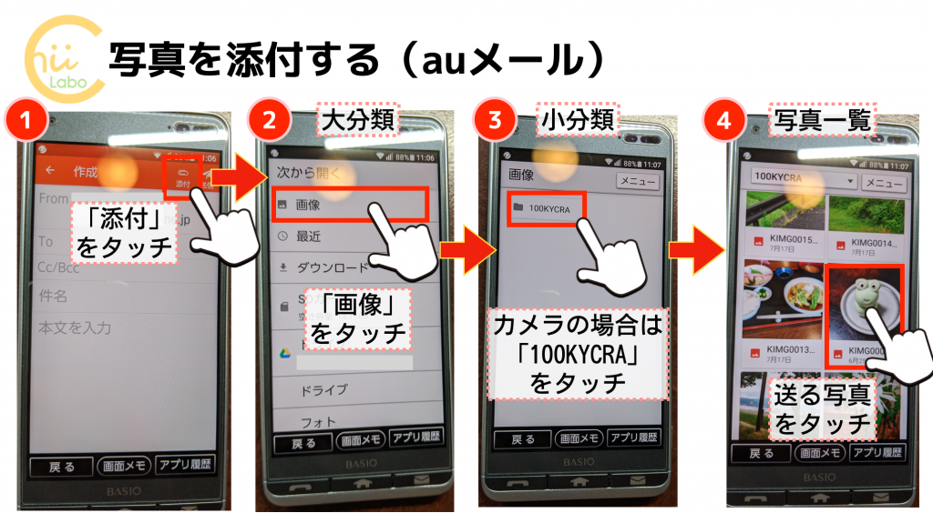 Auメールで写真を添付する メール作成の基本 Basio スマホ教室ちいラボ