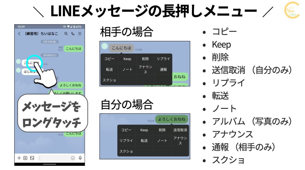 Lineメッセージを長押しから操作する機能のまとめ スマホ教室ちいラボ