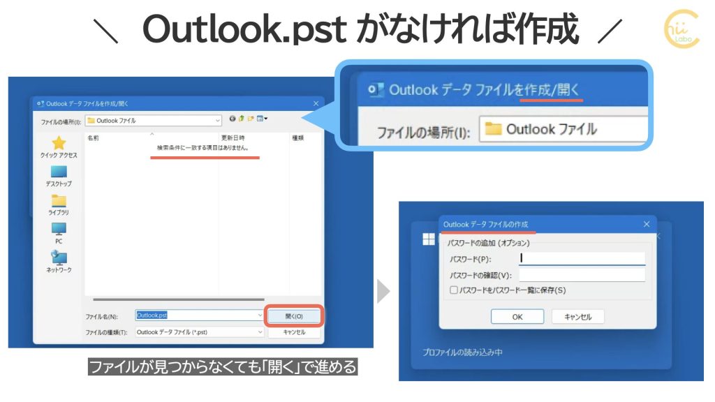 そのまま「開く」と Outlook.pstを新規作成できる