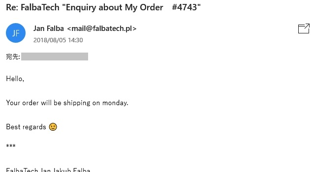 FalbaTechに英語で注文の問い合わせをしてみた