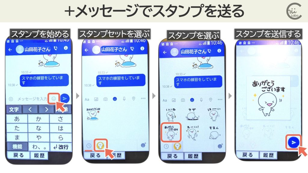 +メッセージでスタンプを送る（らくらくスマートフォン）