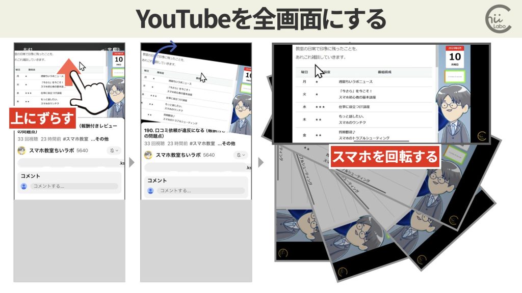 上にスワイプで全画面