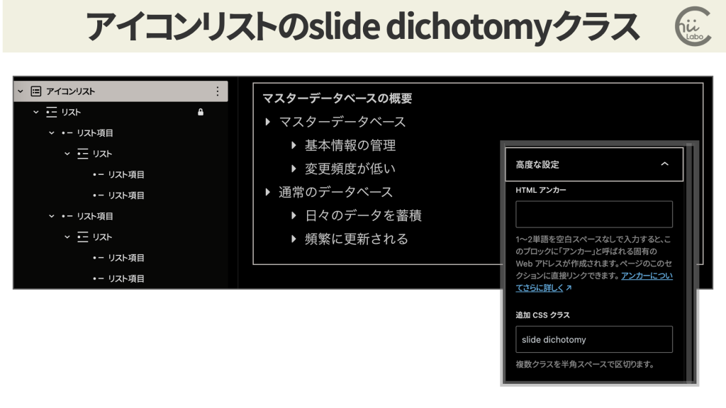 追加CSSクラスにslide dichotomyを入れる