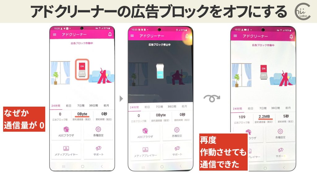 広告ブロック機能を一時的にオフにした