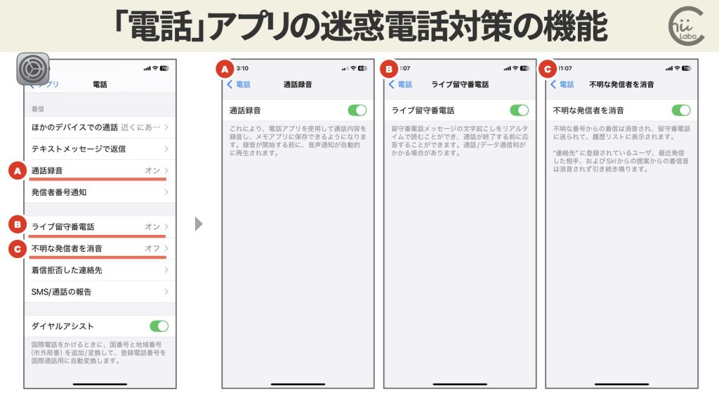電話アプリの「不明な発信者を消音」機能