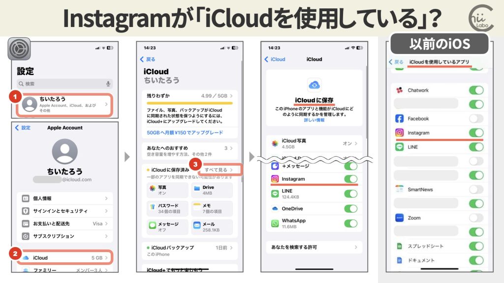 「iCloudを使用しているアプリ」に Instagramがある?